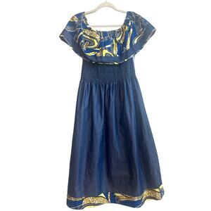 Marine Imports Inc. Chambray Dress Abstract Off Shoulder Ruffle Overlay and Hem